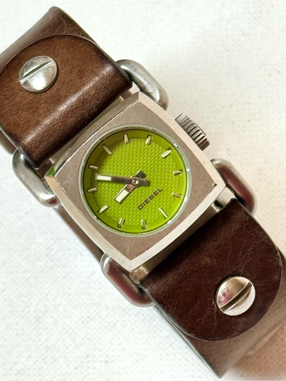 Vintage Diesel Green Dial Women's Men's Block Watch Silver Brown Leather DZ-5023